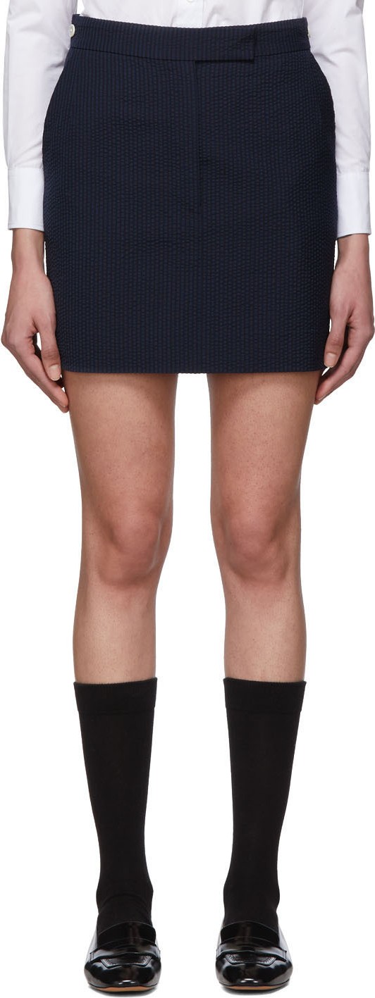 Thom Browne Navy & Black Wool Seersucker Miniskirt