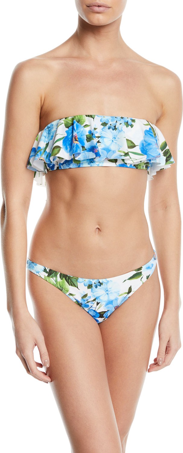 MILLY Floral-Print Ruffle Bandeau Bikini Top
