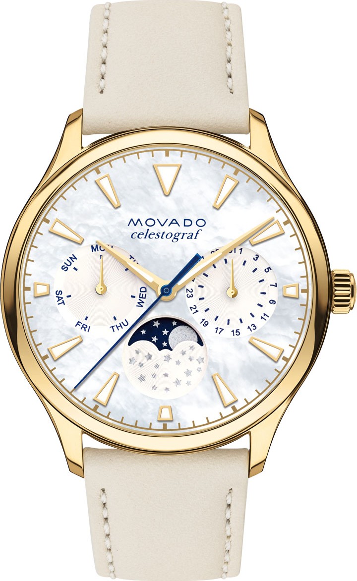 Movado 36mm Celestograf Heritage Moon Watch, Gold/White