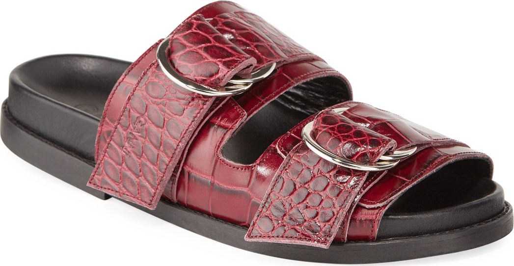 Ganni Dual Strap Croc-Embossed Leather Sandals