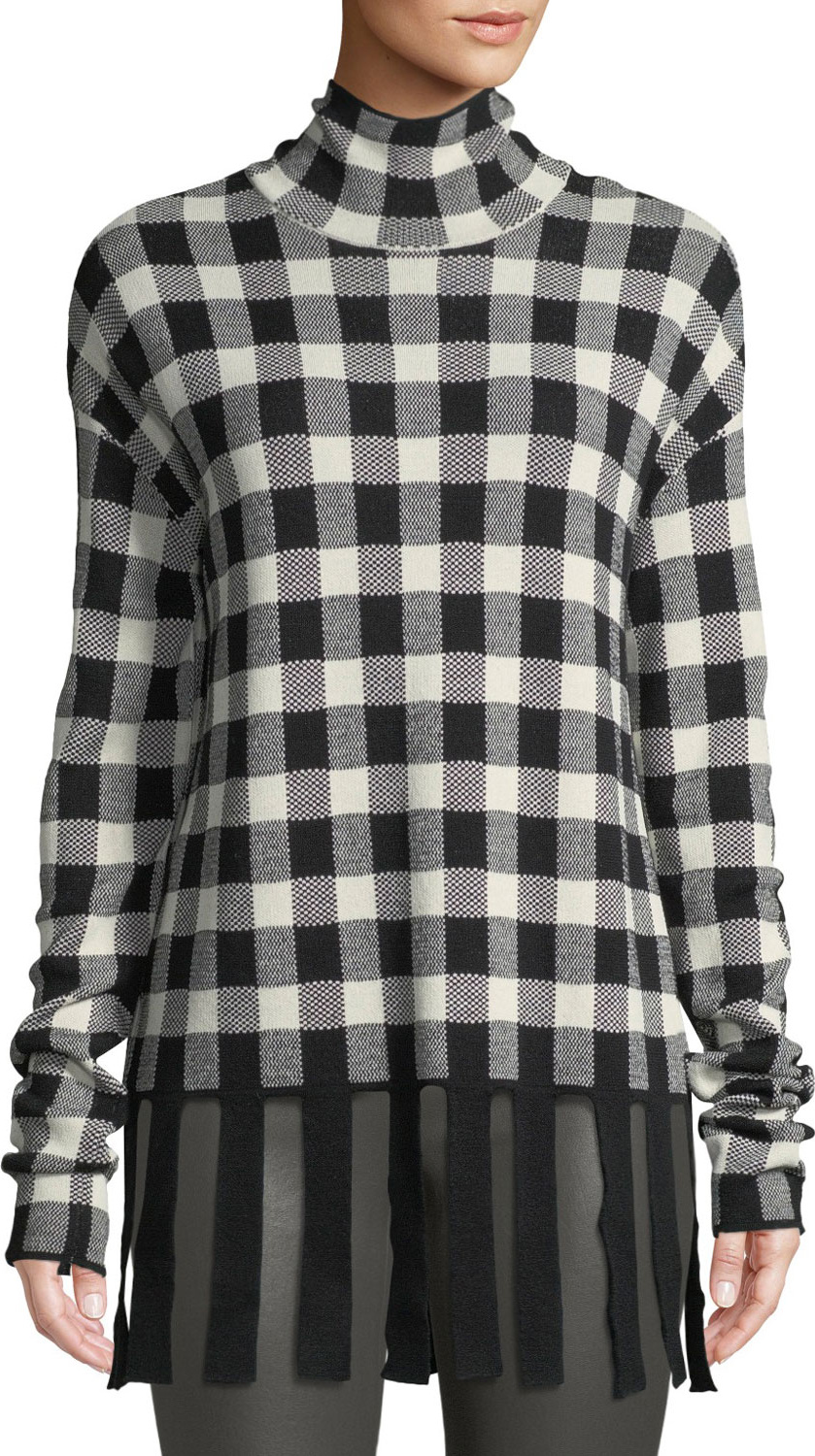 Christian Wijnants Kadiha Check Turtleneck Sweater w/ Fringe