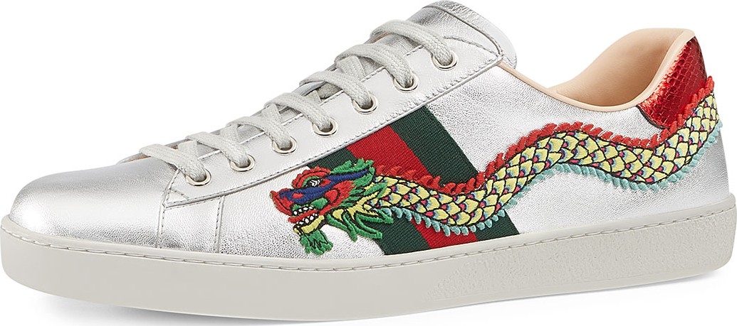 Gucci Men's New Ace Embroidered Leather Low-Top Sneakers, Silver