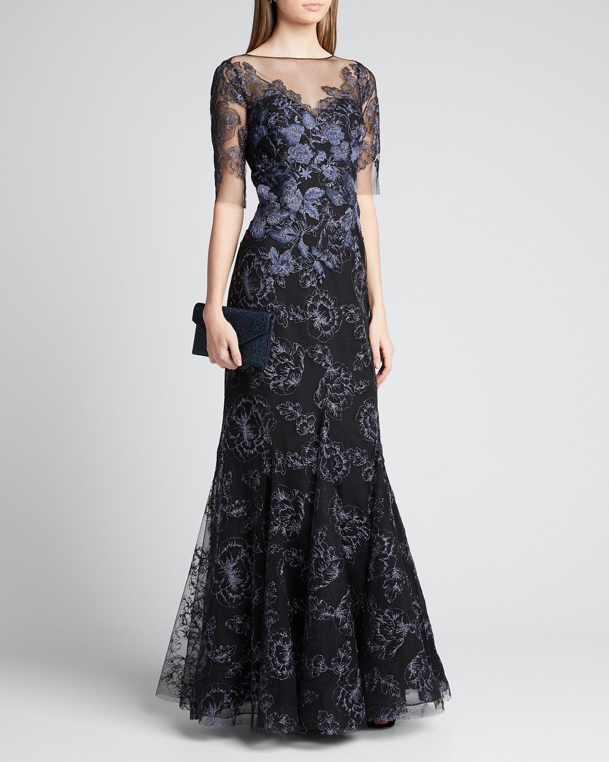 Rickie Freeman for Teri Jon Embroidered Tulle Mermaid Gown w/ Illusion-Neck