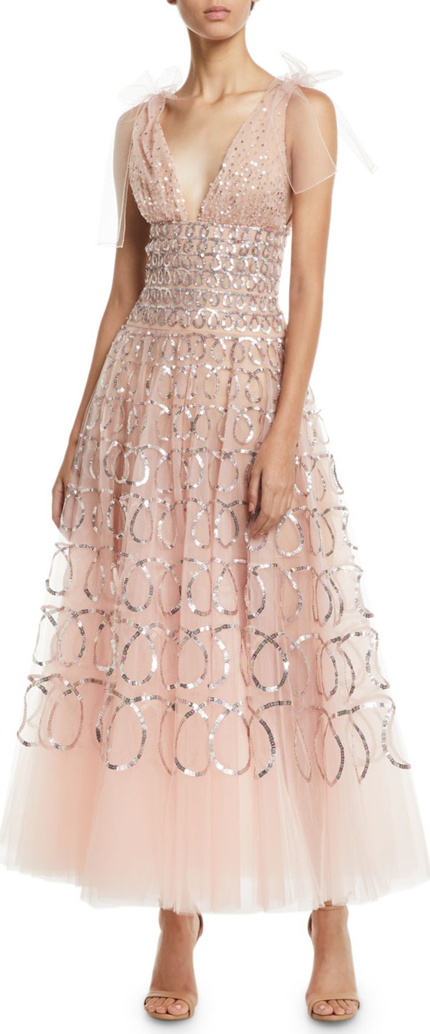 Oscar De La Renta Sleeveless V-Neck Sequin-Loop Embroidered Tulle Tea-Length Cocktail Dress