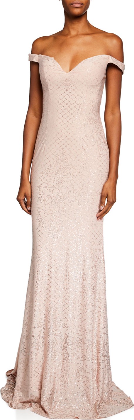 Jovani Glittery Off-the-Shoulder Sweetheart Gown