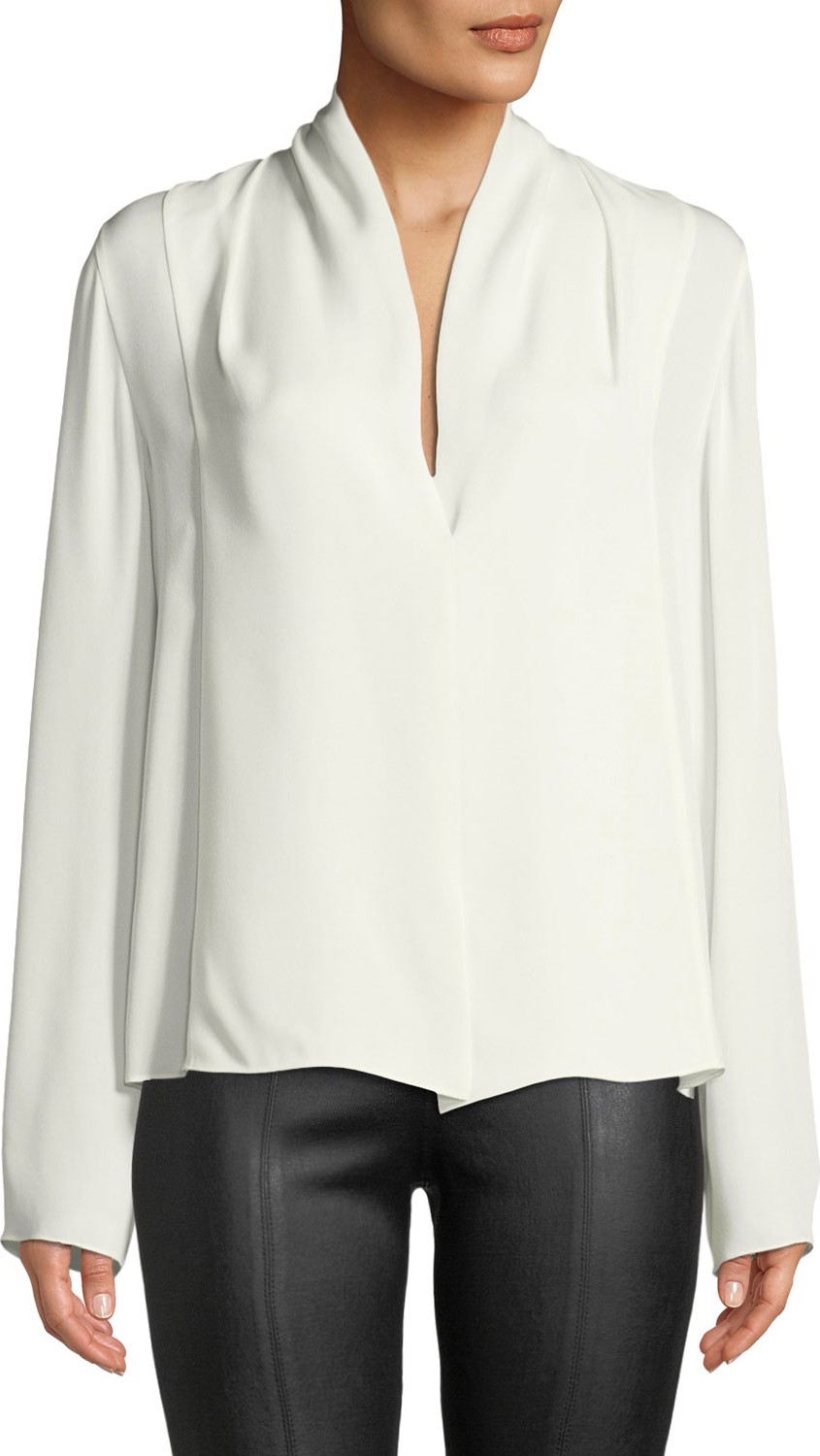 Vince Draped-Neck Long-Sleeve Silk Blouse