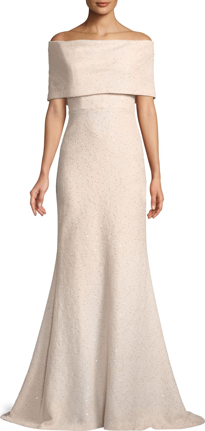 Lela Rose Off-the-Shoulder Embellished Tweed A-Line Evening Gown