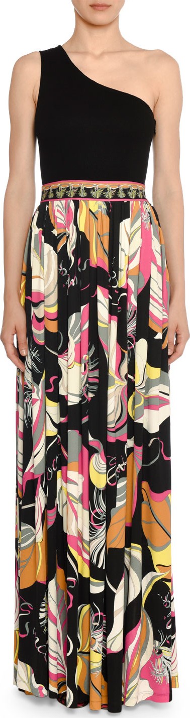 Emilio Pucci Friday One-Shoulder Floral-Skirt Column Skirt