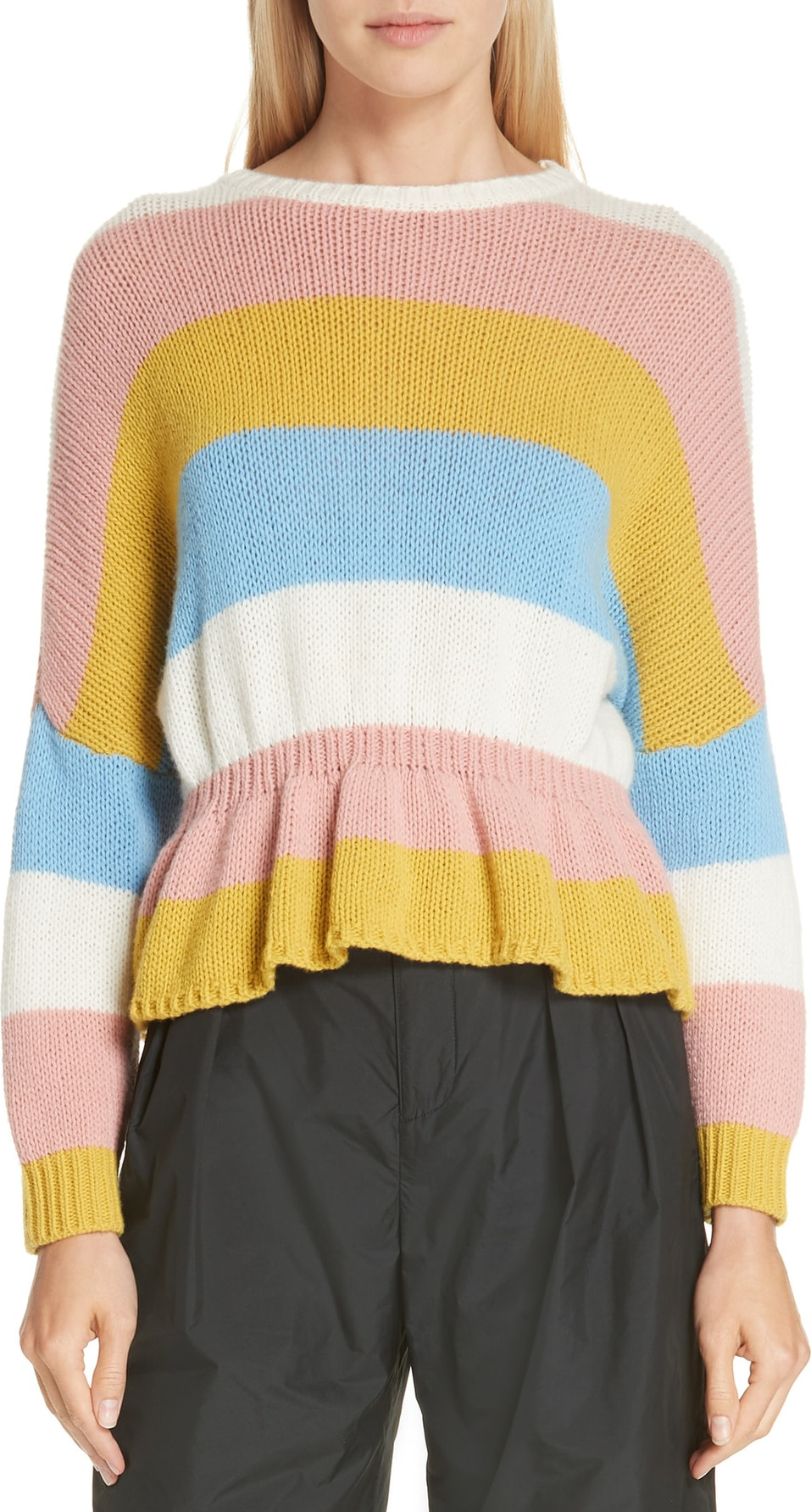 RED Valentino Ruffle Hem Stripe Wool Sweater
