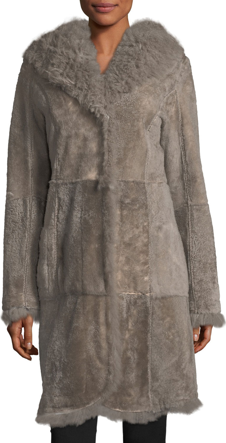 Belle Fare Reversible Fitted Lamb Shearling Long Coat w/ Oversized Hood