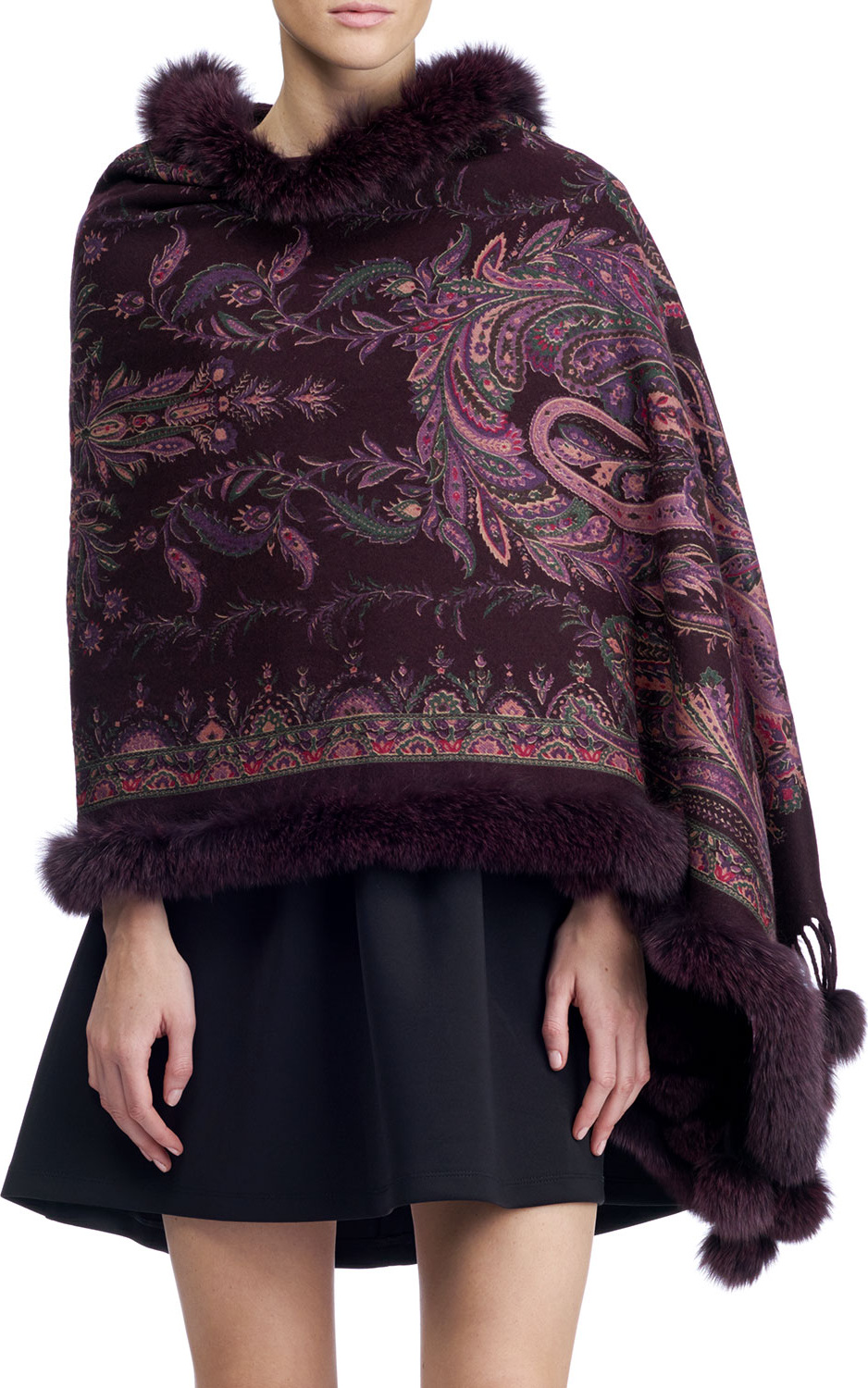 Gorski Paisley Cashmere Stole w/ Fur Trim