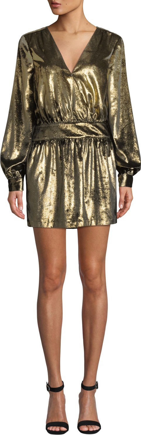 FRAME DENIM Metallic Velvet Long-Sleeve V-Neck Mini Dress