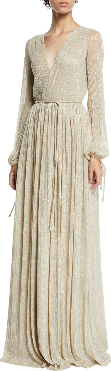 ZAC Zac Posen Christina Metallic Pleated Long-Sleeve Wrap Gown