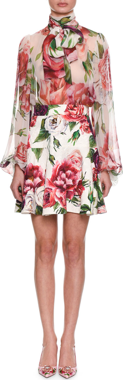 Dolce & Gabbana Tie-Neck Long-Sleeve Rose & Peony-Print Silk Chiffon Blouse