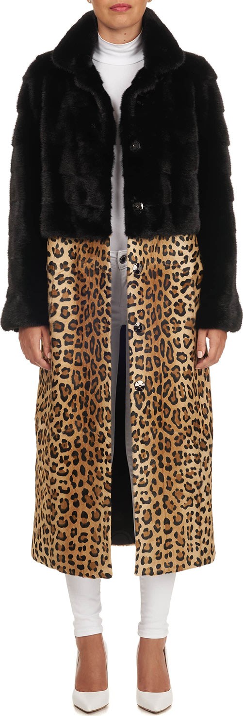 Simonetta Ravizza Mink Fur Short Coat with Detachable Leopard-Print Lamb Skirt Simonetta Ravizza Mink Fur Short Coat with Detachable Leopard-Print Lamb Skirt