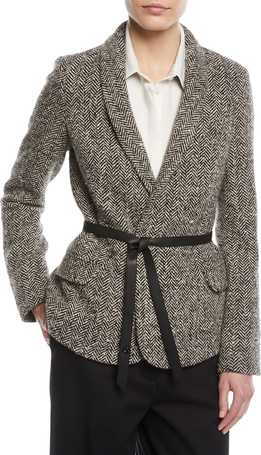 Loro Piana Shawl-Collar Herringbone Jacket w/ Wrap Belt