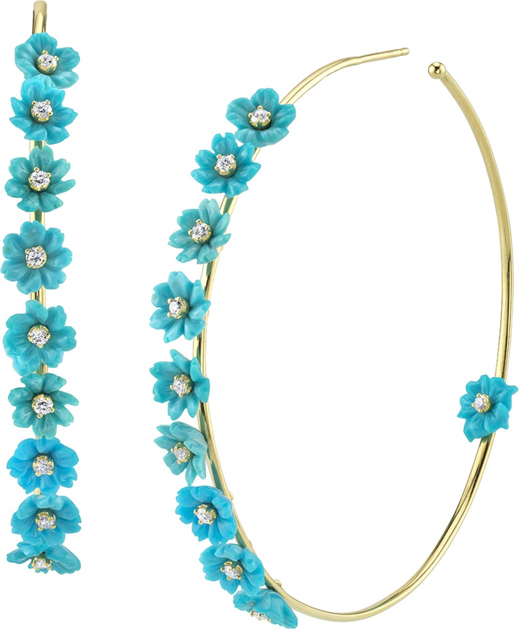 Cynthia Bach 18k Gold Turquoise & Diamond Flower Hoop Earrings, 2.5"L