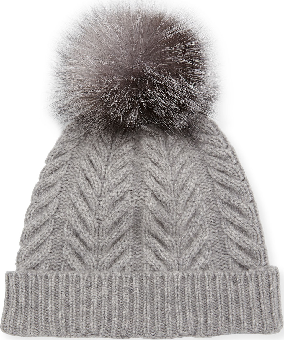Sofia Cashmere Staghorn Cable Knit Hat w/ Fur Pompom, Gray