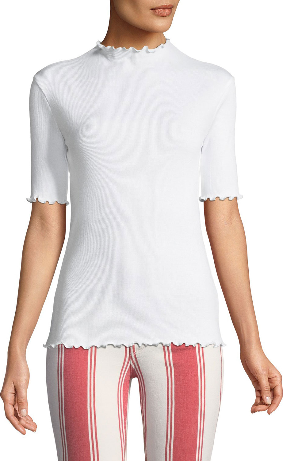 FRAME DENIM Funnel-Neck Lettuce-Edge Short-Sleeve Cotton Top