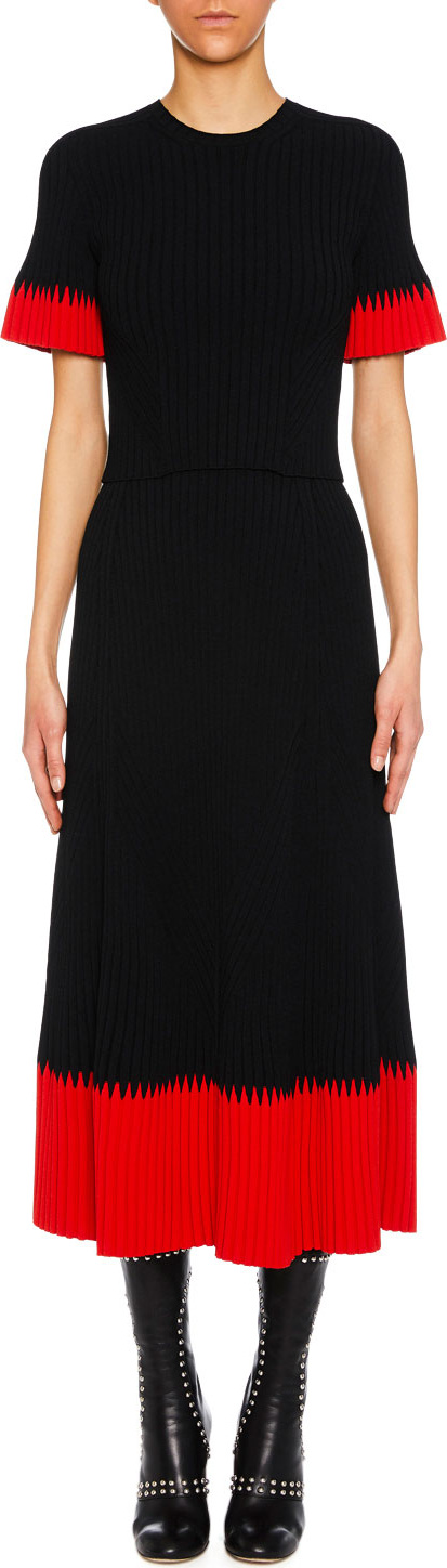 Alexander McQueen Jewel-Neck Short-Sleeve Ribbed Midi Dress w/ Contrast Tips