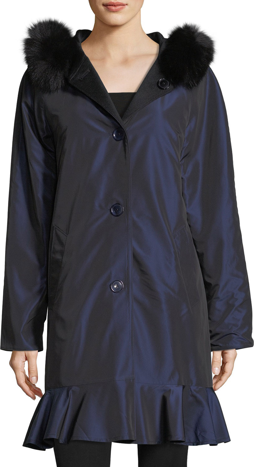 Sofia Cashmere Long-Sleeve Button-Front Reversible Raincoat w/ Fur Trim