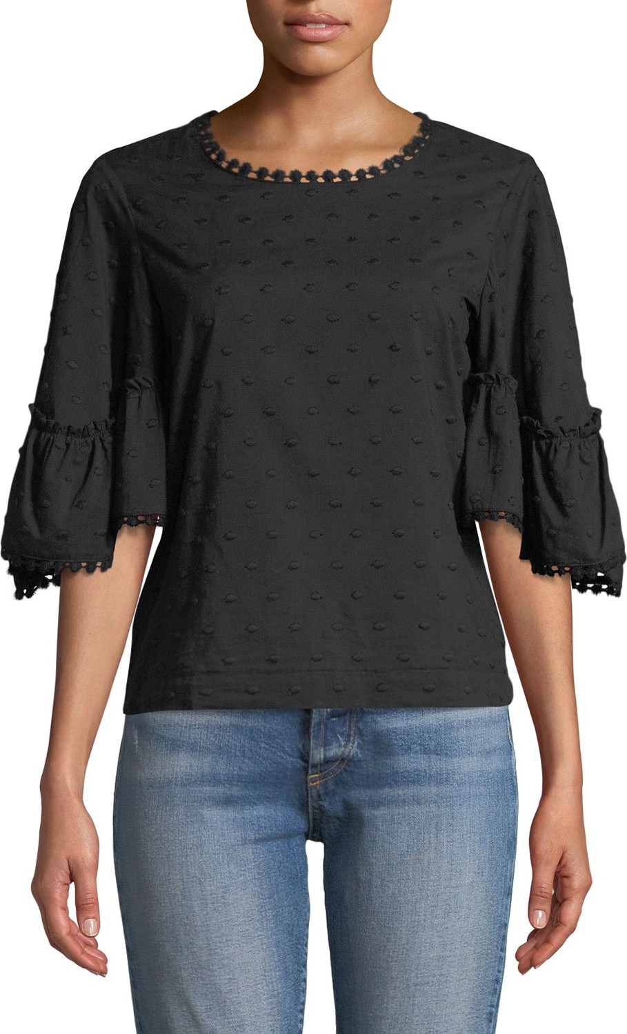 See By Chloé Textured Flounce-Sleeve Cotton Blouse