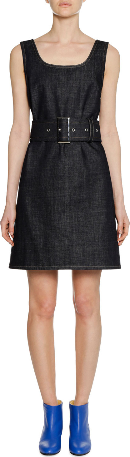 Marni Square-Neck Sleeveless Belted A-Line Denim Dress