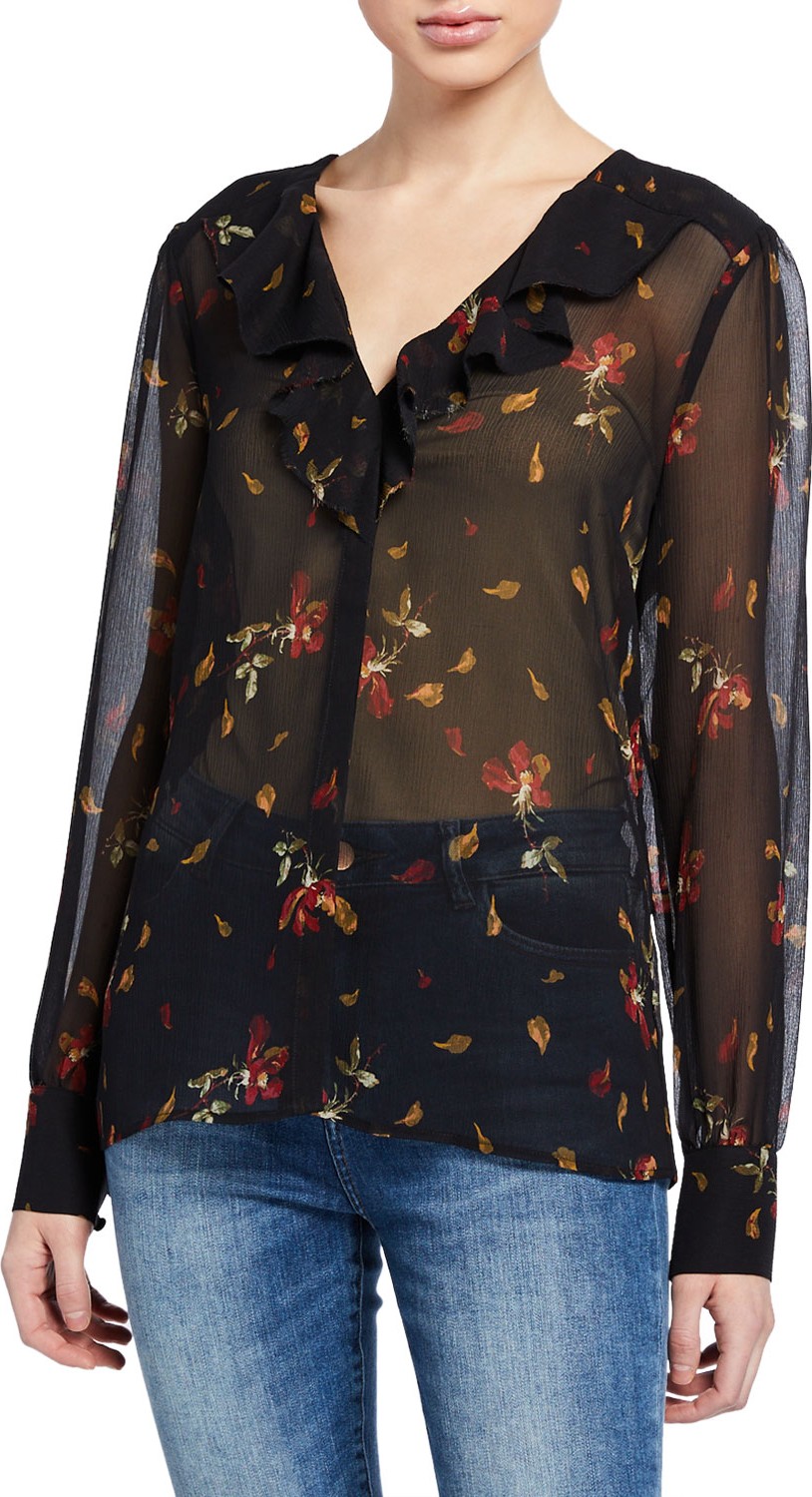 PAIGE Caressa Petal-Print V-Neck Long-Sleeve Ruffle Blouse