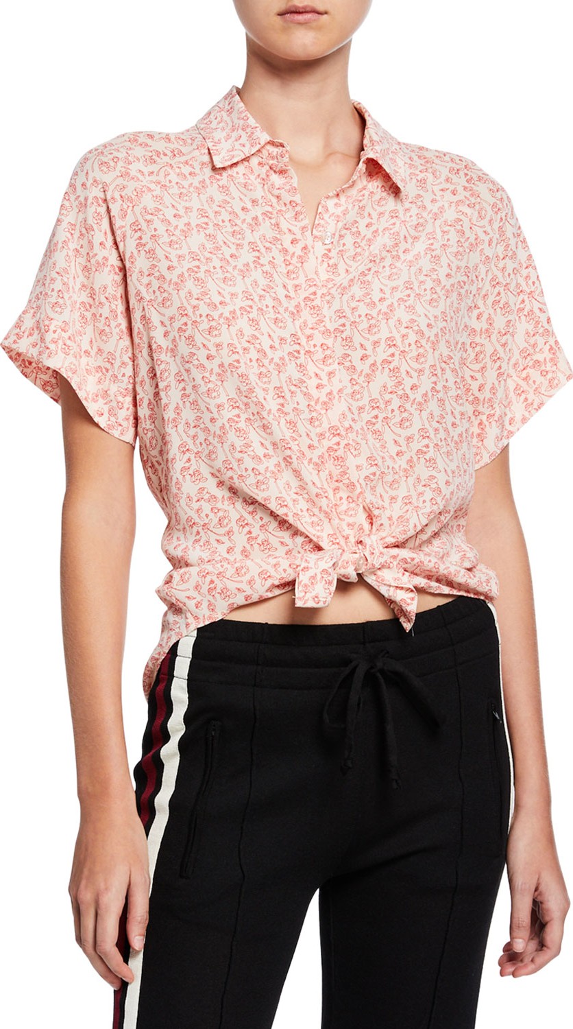 7 For All Mankind Floral-Print Short-Sleeve Silk Button-Front Shirt