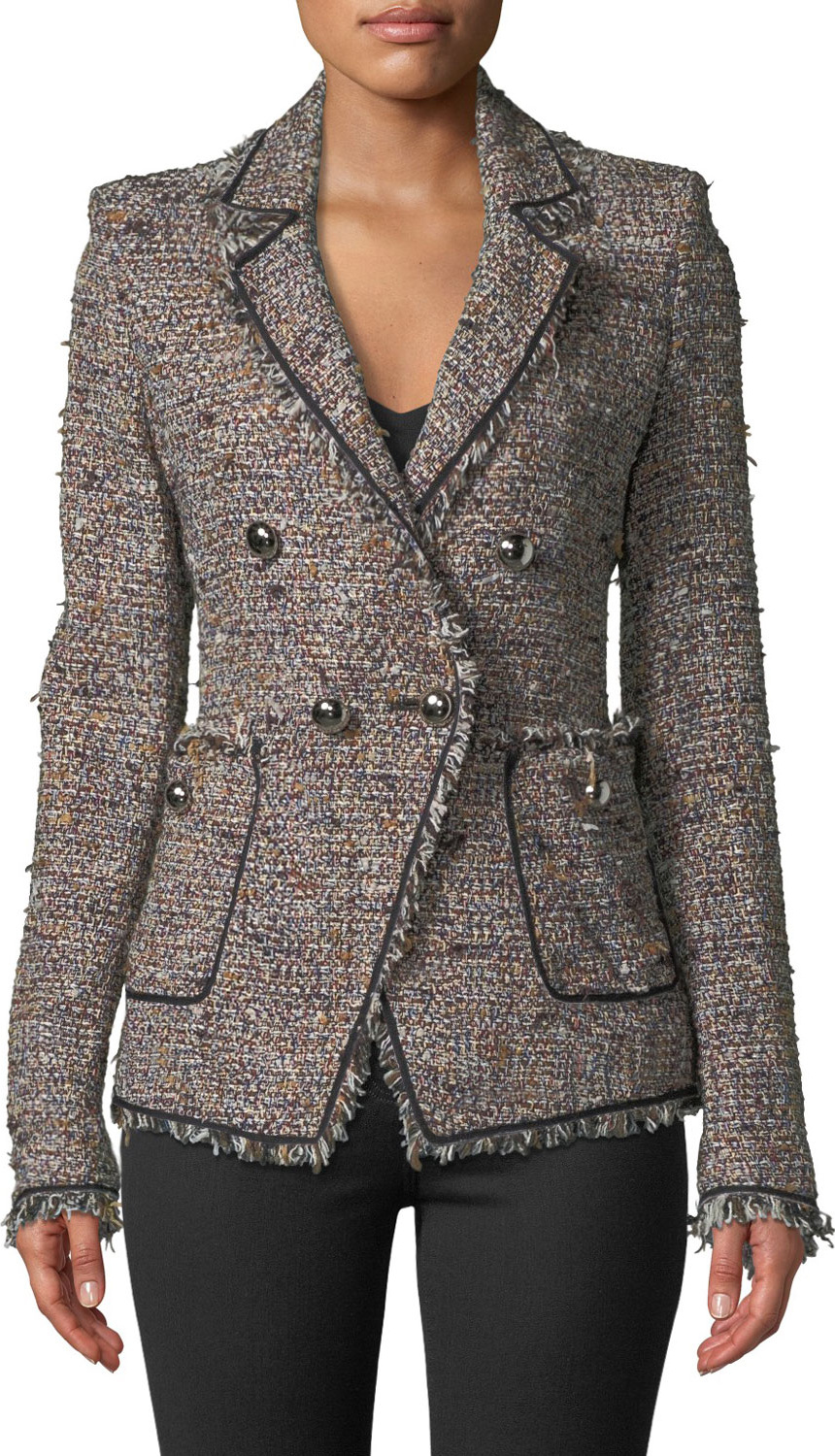 Veronica Beard Theron Double-Breasted Tweed Jacket w/ Frayed Trim