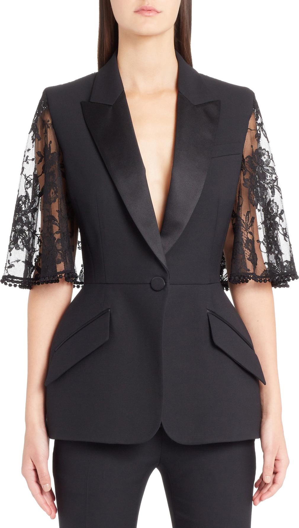 Alexander McQueen Lace Cape Wool & Silk Blend Blazer