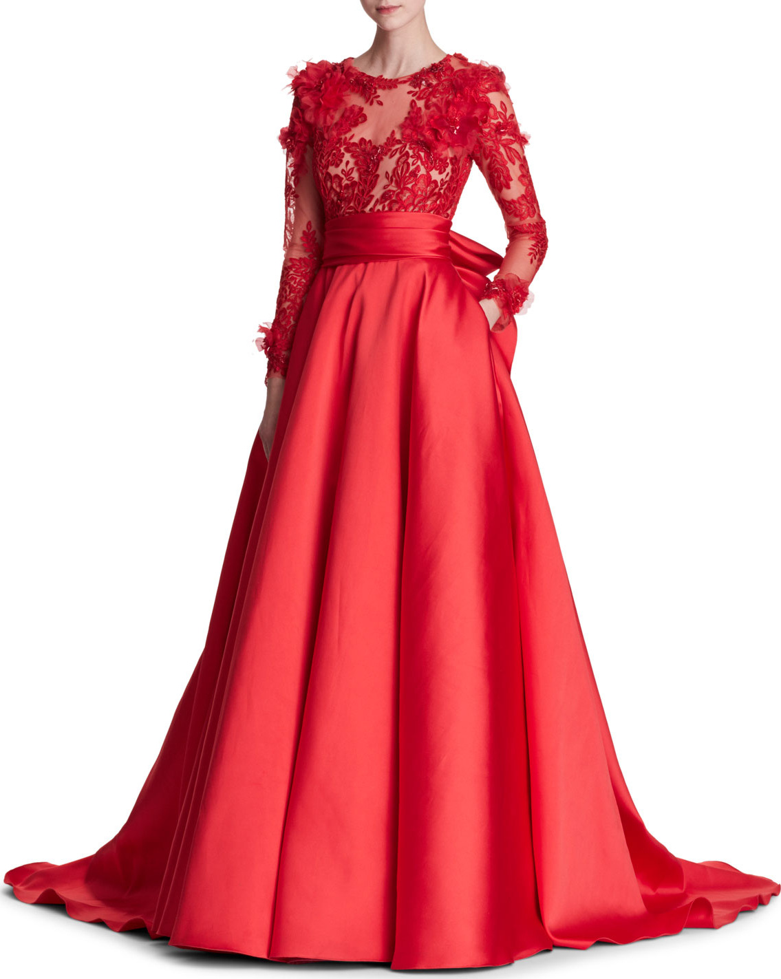 Marchesa Long-Sleeve Corded Lace Duchess Satin Evening Gown w/ 3-D Organza Petals