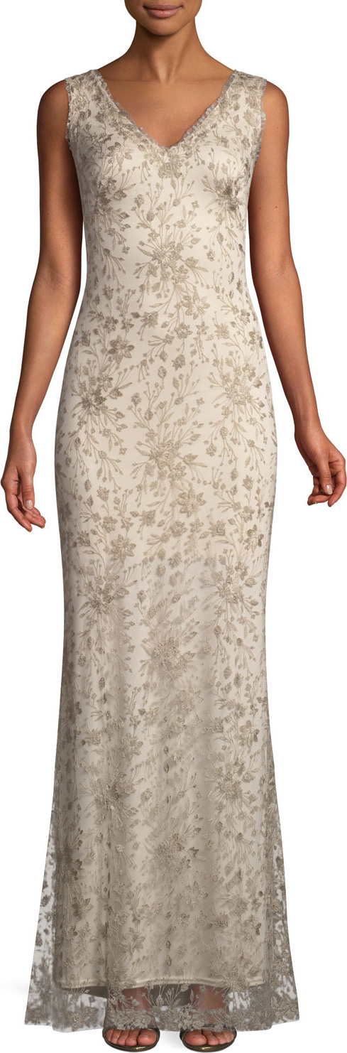 Tadashi Shoji Sleeveless Embroidered Lace Gown