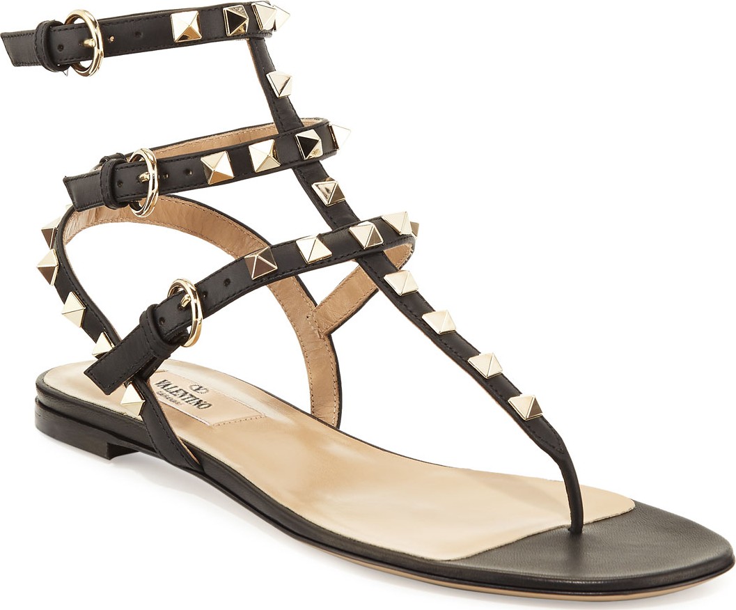 Valentino Rockstud Flat Thong Sandals  Black