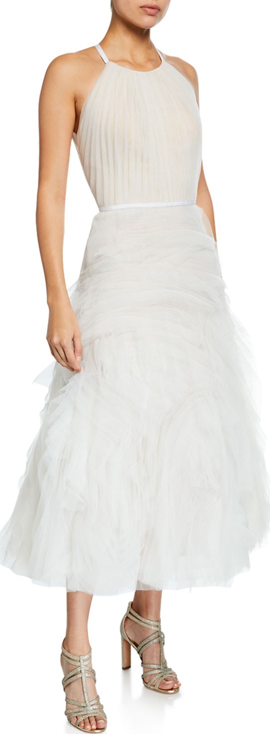 Marchesa Notte Halter-Neck Textured Tulle Draped Bodice Tea-Length Gown