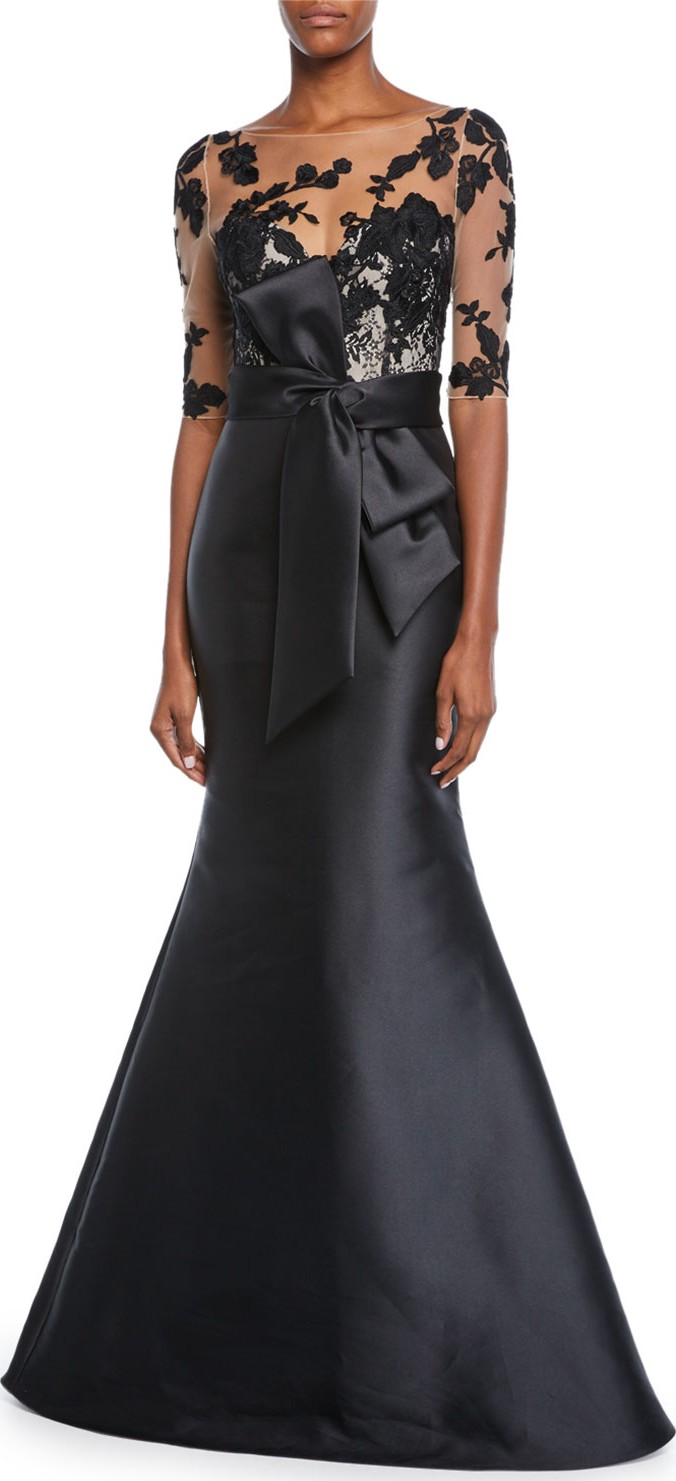 Badgley Mischka Bateau-Neck Elbow-Sleeve Illusion Gown w/ Floral Embroidery