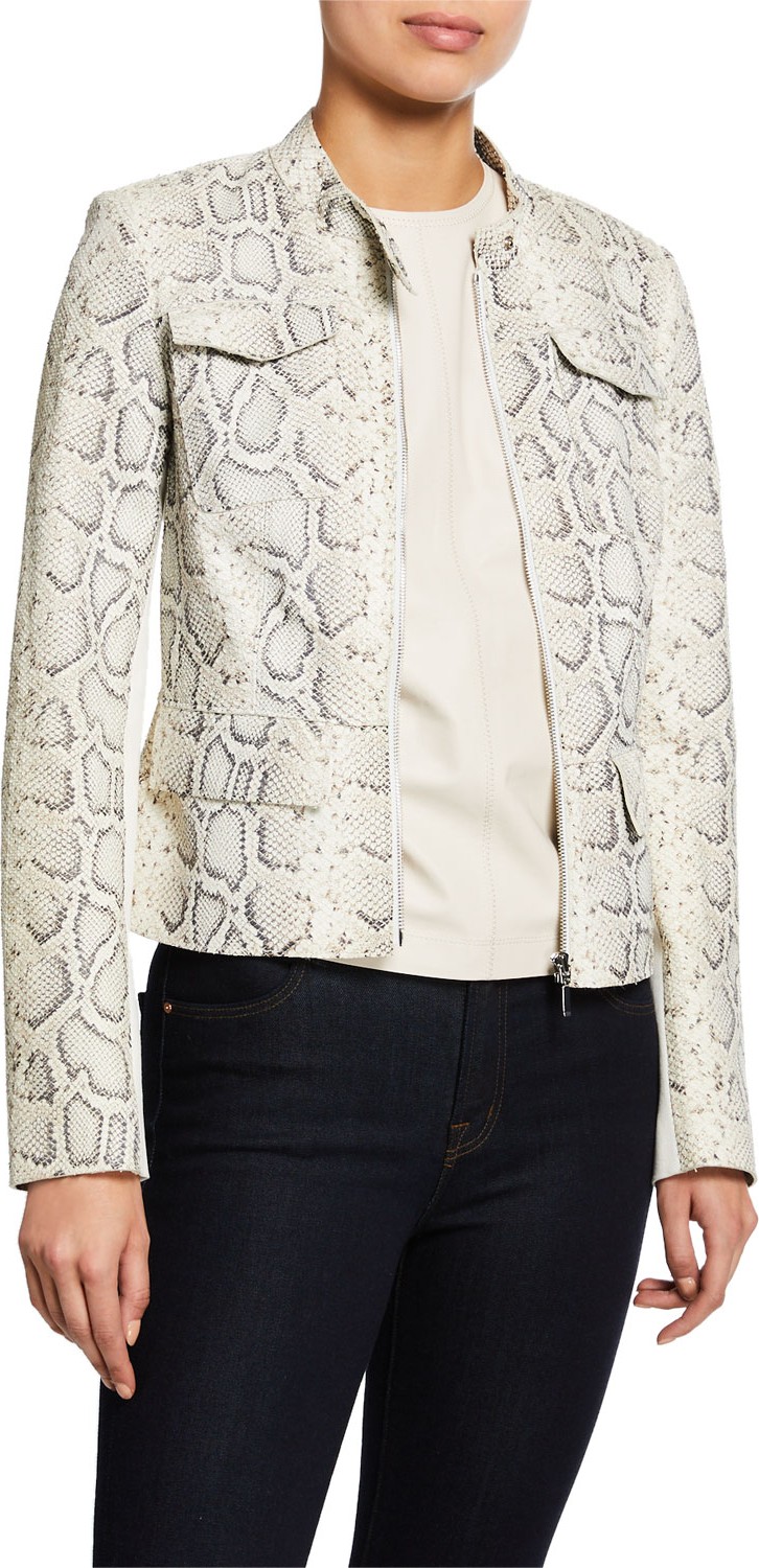 Elie Tahari Gwen Zip-Front Snake-Print Lambskin Leather Jacket