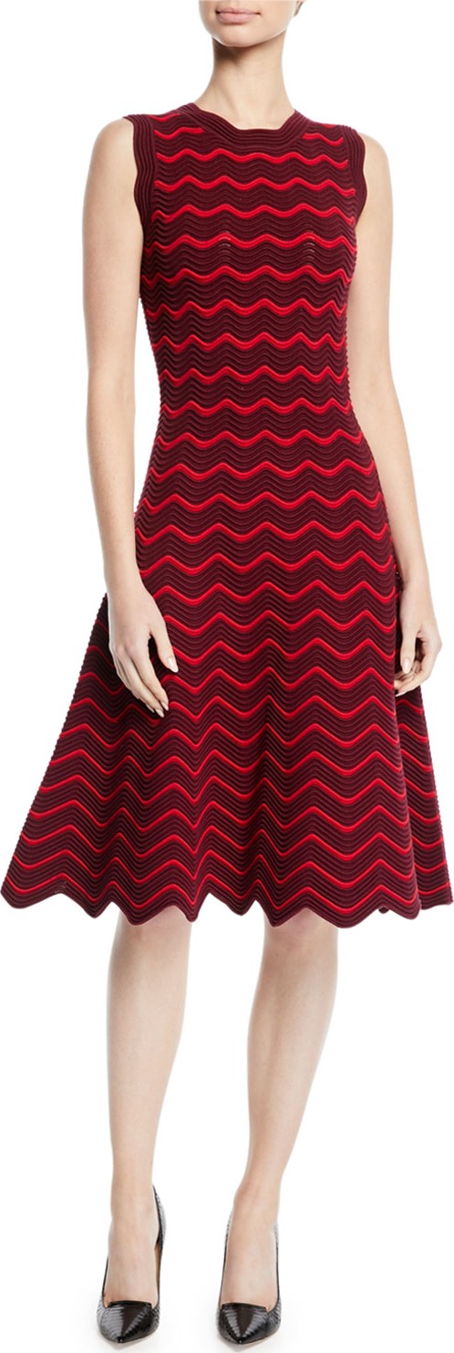 MILLY Textured Wave Knit Flare Dress
