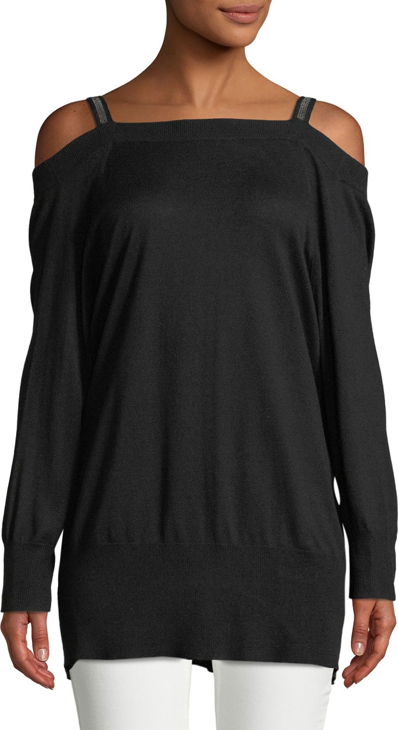 HALSTON HERITAGE Long-Sleeve Embellished-Strap Silk-Cashmere Tunic Sweater