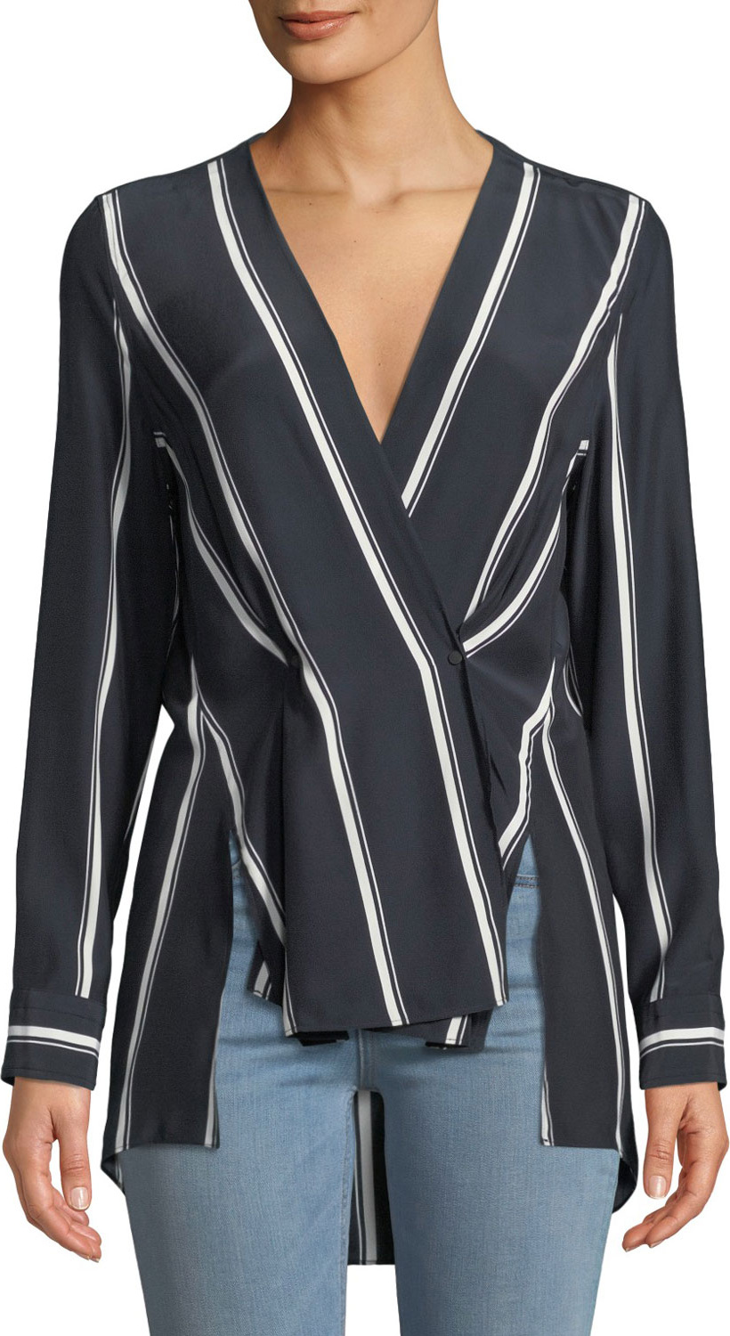Rag & Bone Debbi Striped Silk Drape-Front Top