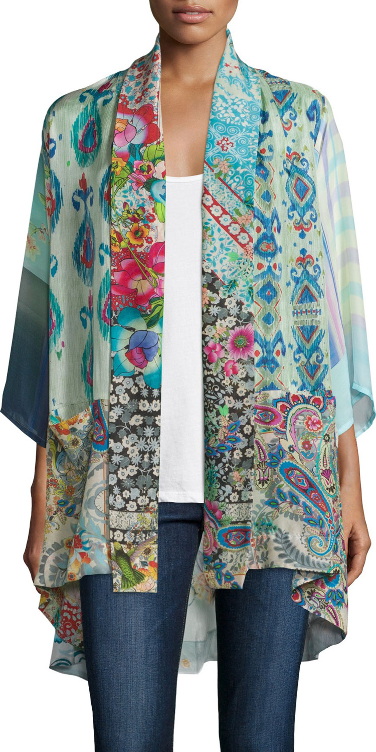 Johnny Was Mixed-Print Tie-Front Silk Kimono