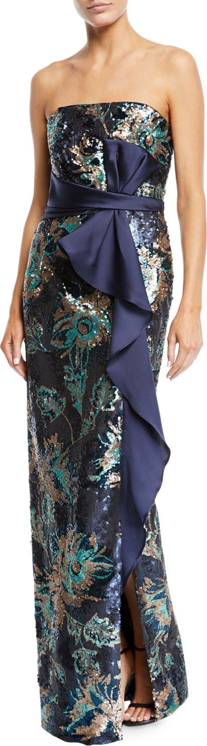 Marchesa Notte Strapless Sequin Peony Column Gown