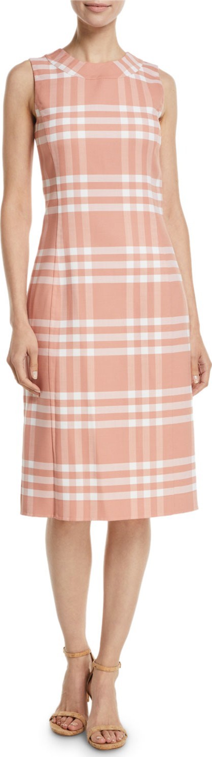Oscar De La Renta Sleeveless High-Neck Plaid Wool Sheath Midi Dress Oscar De La Renta Sleeveless High-Neck Plaid Wool Sheath Midi Dress