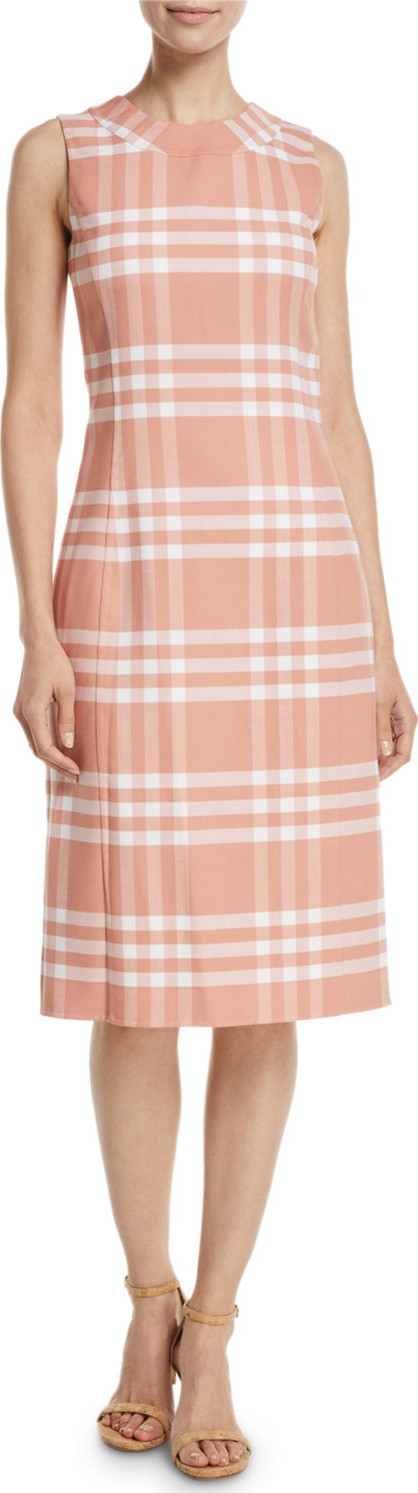 Oscar De La Renta Sleeveless High-Neck Plaid Wool Sheath Midi Dress