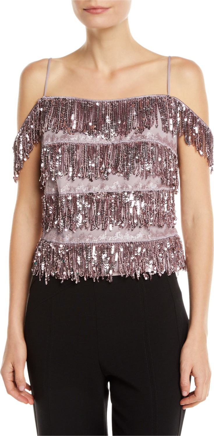 Aidan by Aidan Mattox Sequin Tiered Fringe Top