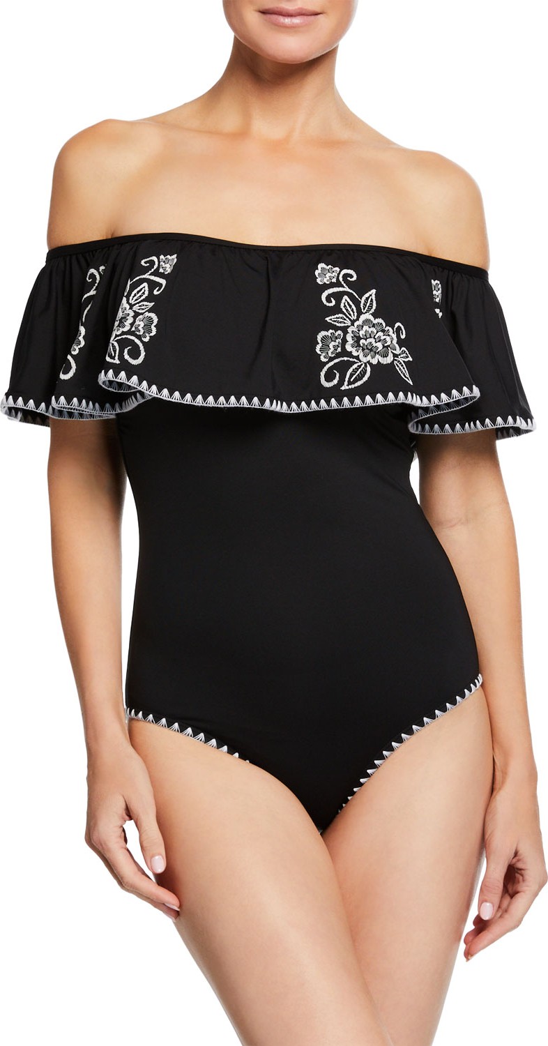 Johnny Was Sofia Off-Shoulder Flounce One-Piece Swimsuit