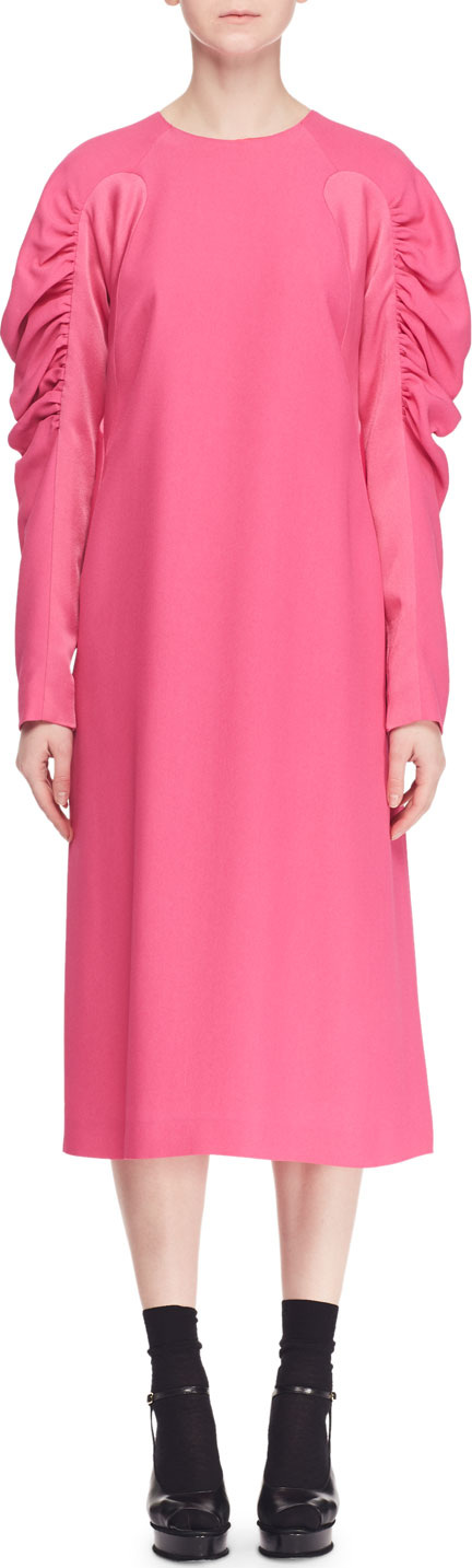 Dries Van Noten Ruched Long-Sleeve Crewneck A-Line Crepe Dress