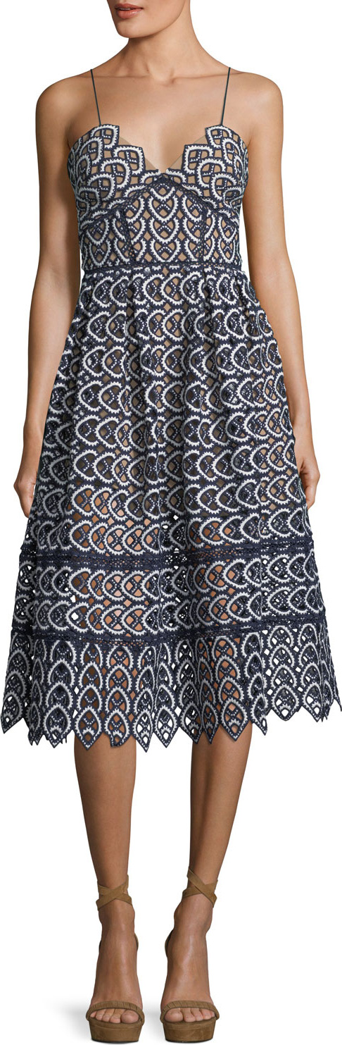 Self Portrait Sweetheart Azaelea Lace Fit-and-Flare Tea-Length Cocktail Dress