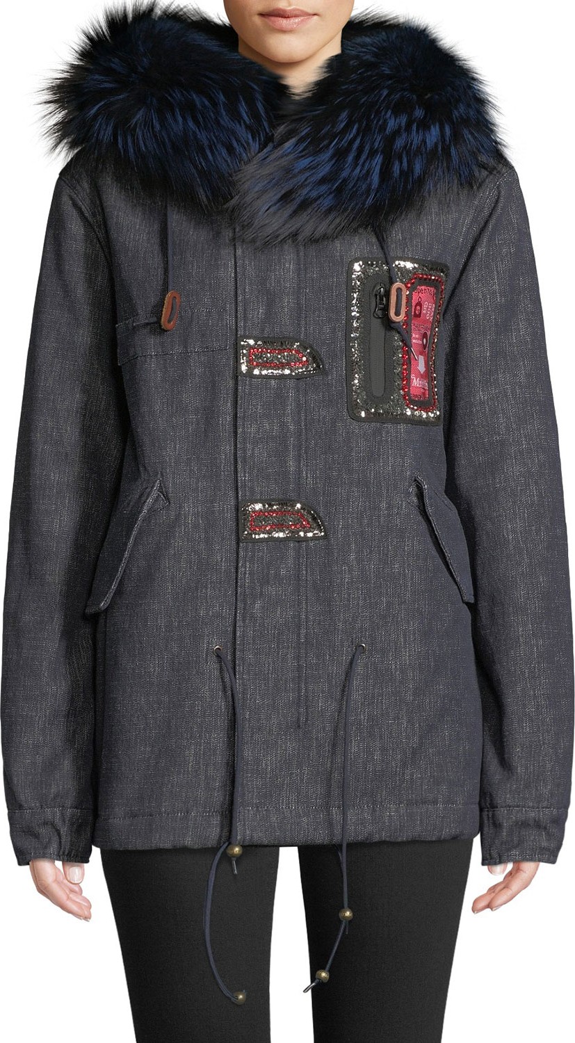 Mr&Mrs Italy Fox Fur-Collar Embroidered Denim Parka Jacket