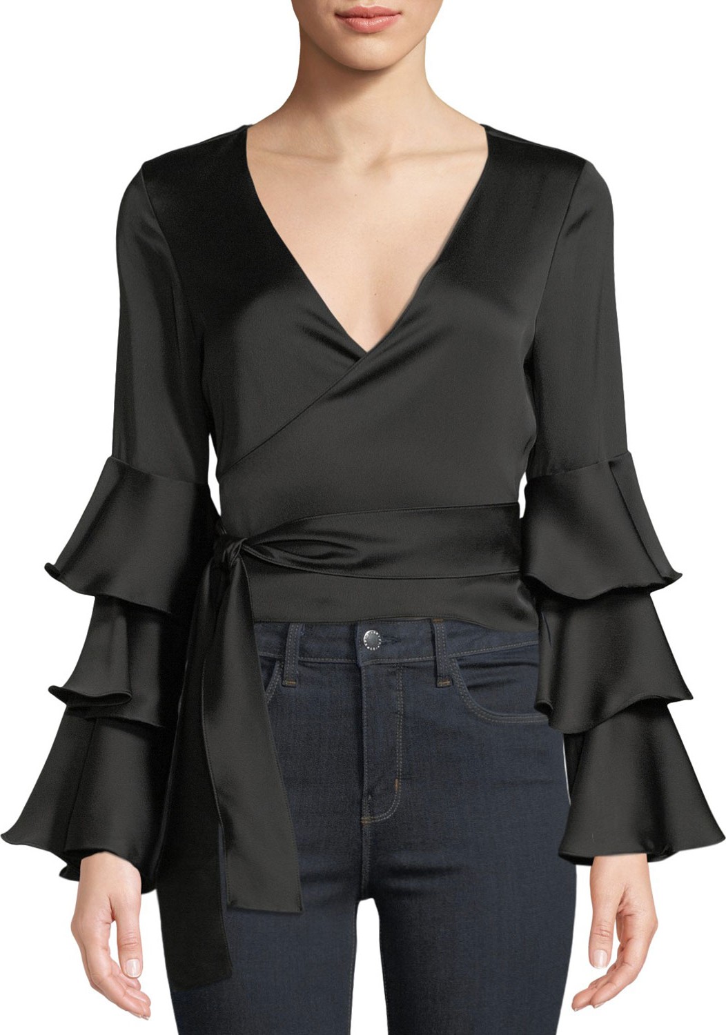 Jay Godfrey Triple Tier-Sleeve Satin Wrap Blouse